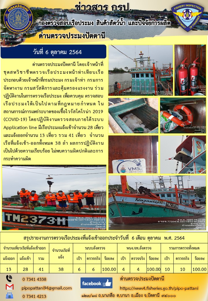 ข่าวสารการปฏิบัติงาน ด่านตรวจประมงปัตตานี 6 ต.ค. 64..คลิก