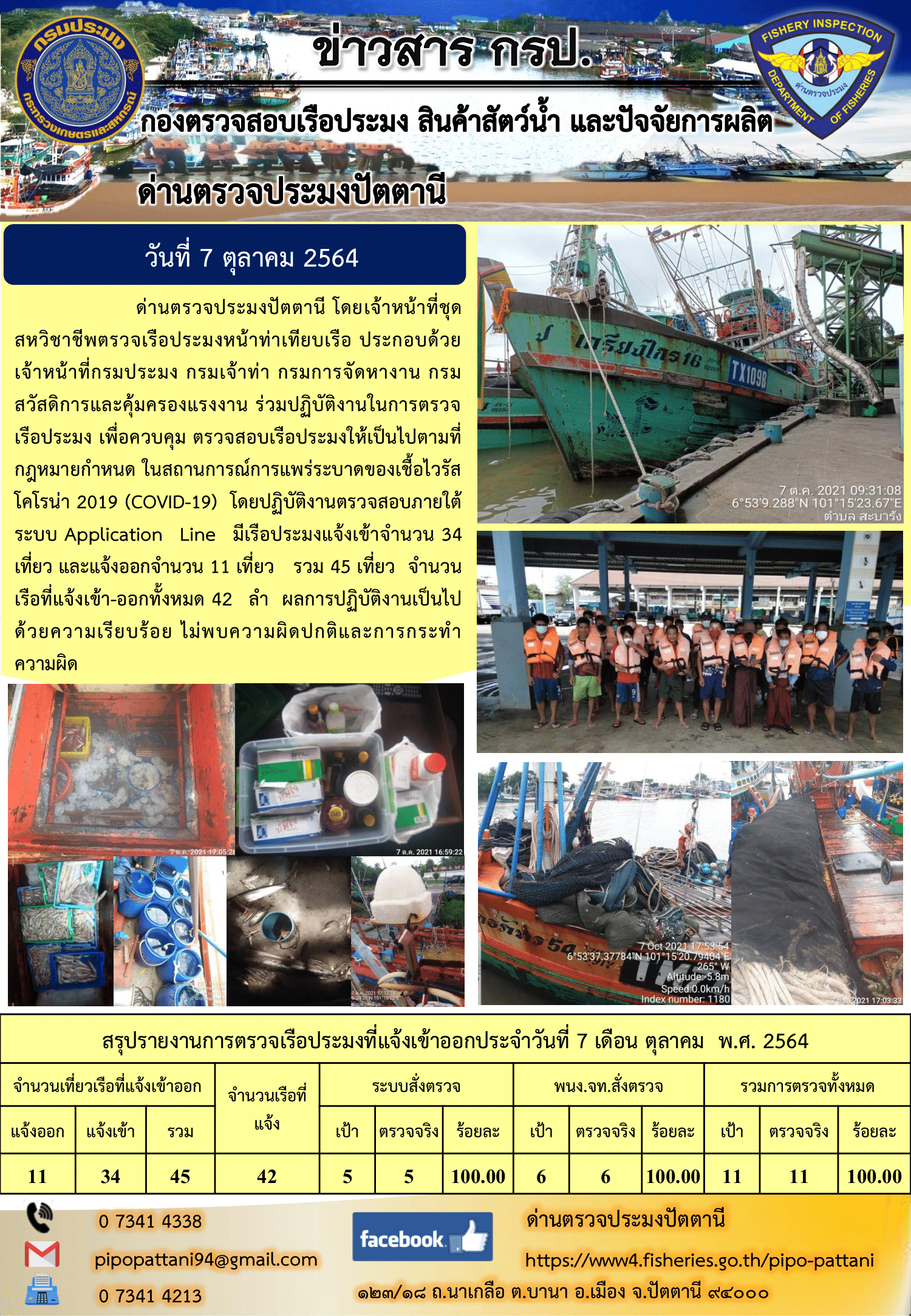 ข่าวสารการปฏิบัติงาน ด่านตรวจประมงปัตตานี 7 ต.ค. 64..คลิก