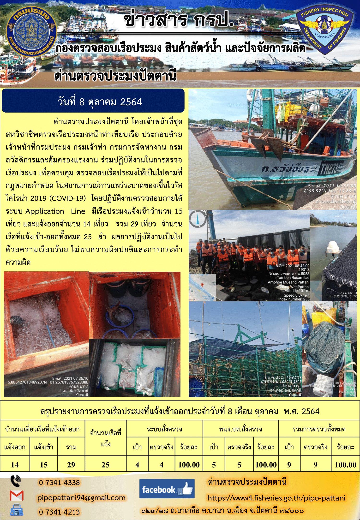 ข่าวสารการปฏิบัติงาน ด่านตรวจประมงปัตตานี 8 ต.ค. 64..คลิก