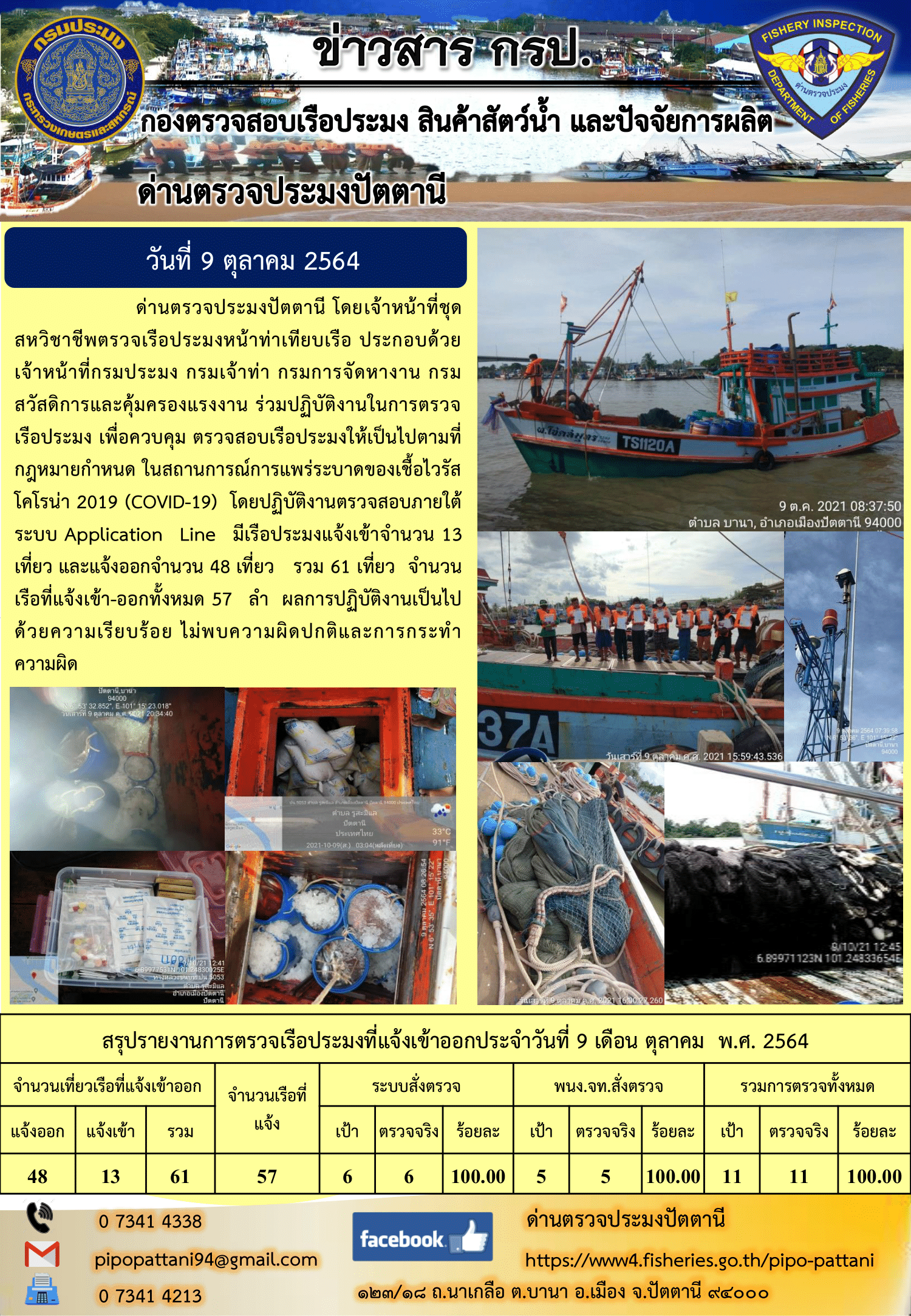 ข่าวสารการปฏิบัติงาน ด่านตรวจประมงปัตตานี 9 ต.ค. 64..คลิก