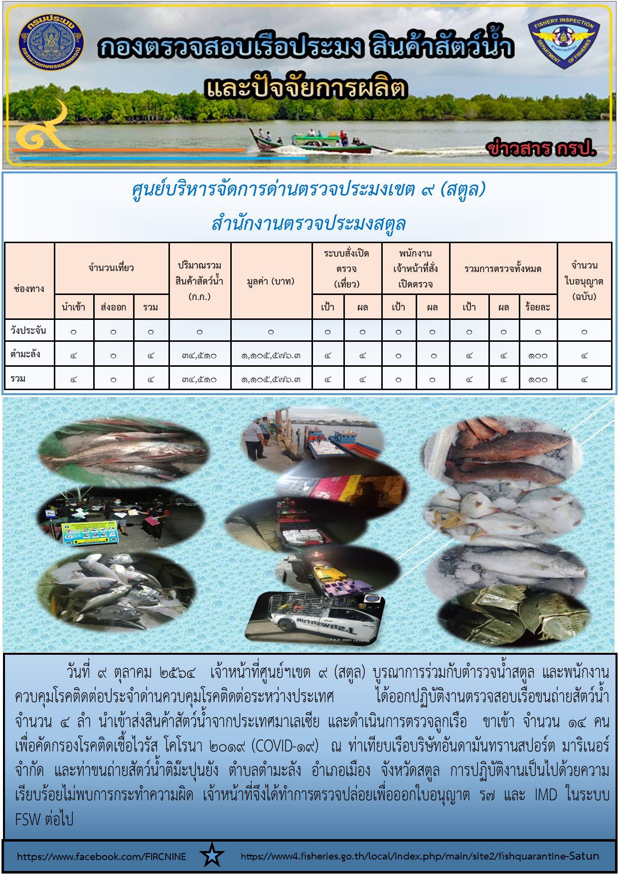 ประชาสัมพันธ์การปฏิบัติงานศูนย์บริหารจัดการด่านตรวจประมงเขต 9 (สตูล) ประจำวันที่ 1-10 ตุลาคม 2564..คลิก