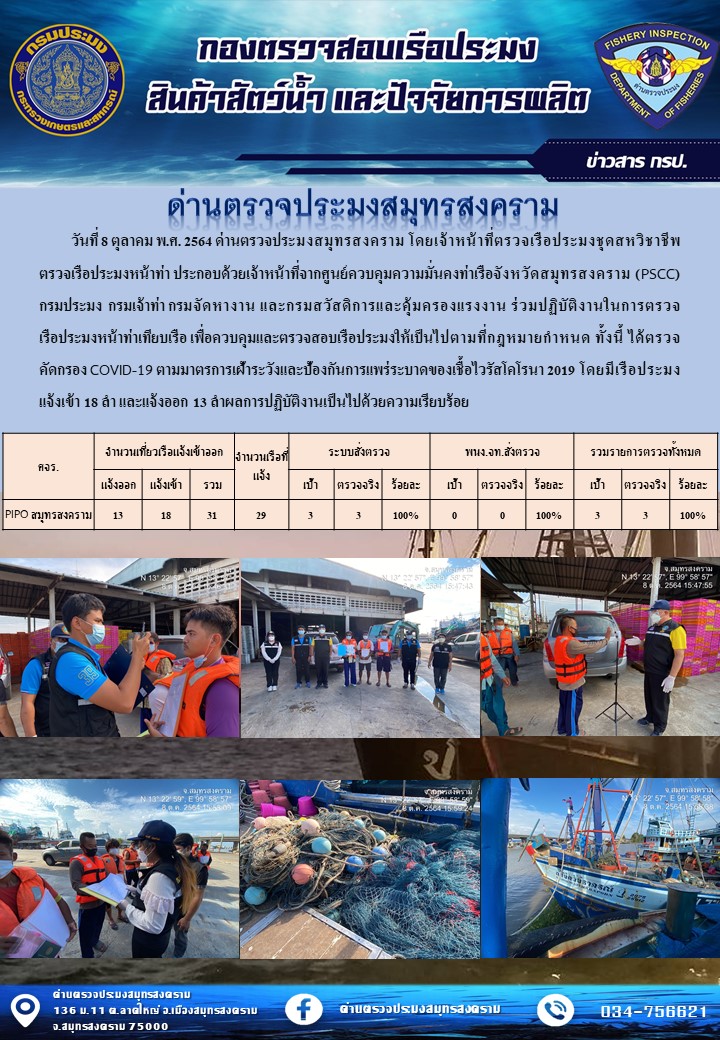 สถิติการแจ้งเข้า - ออกเรือประมงพาณิชย์ ด่านตรวจประมงสมุทรสงคราม ประจำวันที่ 8 ตุลาคม 2564..คลิก