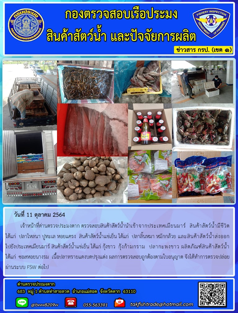 วันที่ 11 ตุลาคม 2564   	เจ้าหน้าที่ด่านตรวจประมงตาก ตรวจสอบสินค้าสัตว์น้ำนำเข้าจากประเทศเมียนมาร์  สินค้าสัตว์น้ำมีชีวิต  ได้แก่  ปลาไหลนา ปูทะเล หอยแครง  สินค้าสัตว์น้ำแช่เย็น ได้แก่  ปลาลิ้นหมา หมึกกล้วย และสินค้าสัตว์น้ำส่งออกไปยังประเทศเมียนมาร์ สินค้าสัตว์น้ำแช่เย็น ได้แก่ กุ้งขาว  กุ้งก้ามกราม  ปลากะพงขาว ผลิตภัณฑ์สินค้าสัตว์น้ำ ได้แก่  ซอสหอยนางรม  เนื้อปลาทรายแดงบดปรุงแต่ง ผลการตรวจสอบถูกต้องตามใบอนุญาต จึงได้ทำการตรวจปล่อยผ่านระบบ FSW ต่อไป..คลิก