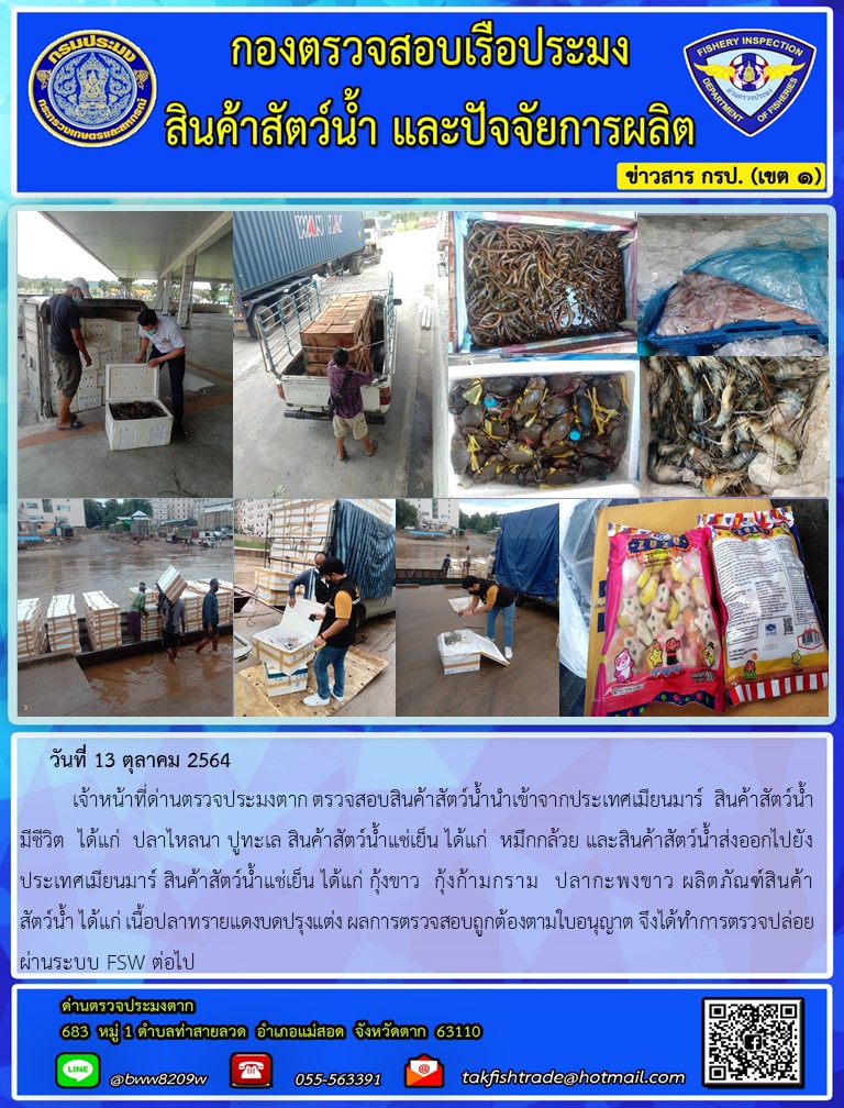 วันที่ 13 ตุลาคม 2564   	เจ้าหน้าที่ด่านตรวจประมงตาก ตรวจสอบสินค้าสัตว์น้ำนำเข้าจากประเทศเมียนมาร์  สินค้าสัตว์น้ำมีชีวิต  ได้แก่  ปลาไหลนา ปูทะเล สินค้าสัตว์น้ำแช่เย็น ได้แก่  หมึกกล้วย และสินค้าสัตว์น้ำส่งออกไปยังประเทศเมียนมาร์ สินค้าสัตว์น้ำแช่เย็น ได้แก่ กุ้งขาว  กุ้งก้ามกราม  ปลากะพงขาว ผลิตภัณฑ์สินค้า     สัตว์น้ำ ได้แก่ เนื้อปลาทรายแดงบดปรุงแต่ง ผลการตรวจสอบถูกต้องตามใบอนุญาต จึงได้ทำการตรวจปล่อย      ผ่านระบบ FSW ต่อไป..คลิก