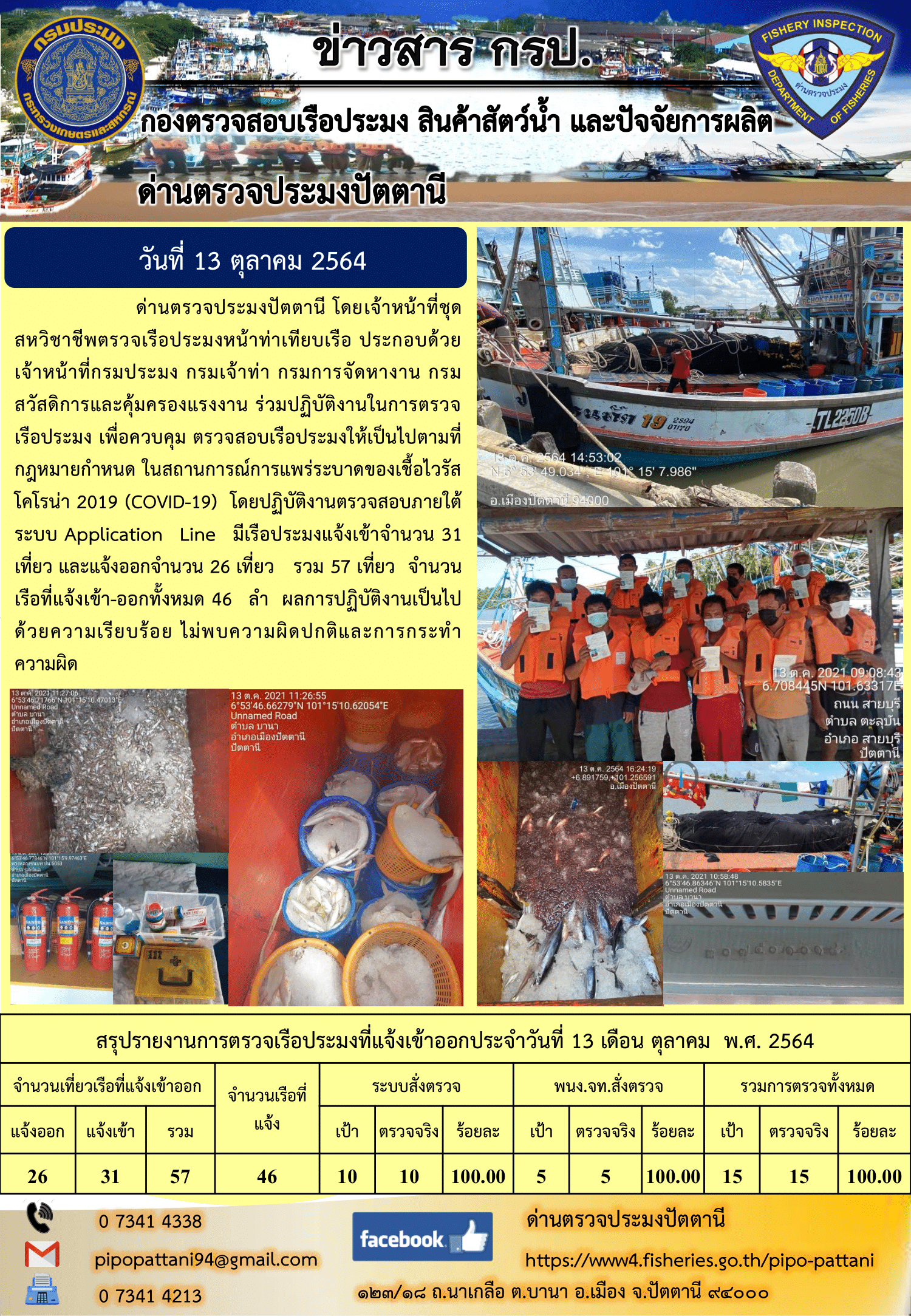 ข่าวสารการปฏิบัติงาน ด่านตรวจประมงปัตตานี 13 ต.ค. 64..คลิก