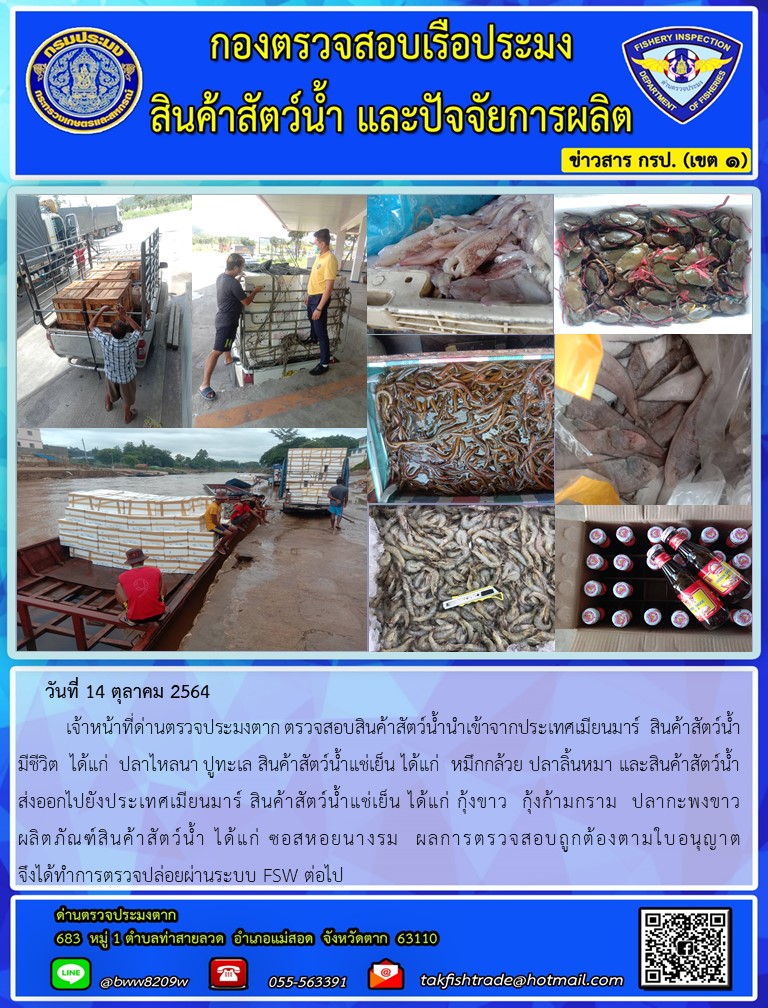 วันที่ 14 ตุลาคม 2564   	เจ้าหน้าที่ด่านตรวจประมงตาก ตรวจสอบสินค้าสัตว์น้ำนำเข้าจากประเทศเมียนมาร์  สินค้าสัตว์น้ำมีชีวิต  ได้แก่  ปลาไหลนา ปูทะเล สินค้าสัตว์น้ำแช่เย็น ได้แก่  หมึกกล้วย ปลาลิ้นหมา และสินค้าสัตว์น้ำส่งออกไปยังประเทศเมียนมาร์ สินค้าสัตว์น้ำแช่เย็น ได้แก่ กุ้งขาว  กุ้งก้ามกราม  ปลากะพงขาว ผลิตภัณฑ์สินค้าสัตว์น้ำ ได้แก่ ซอสหอยนางรม  ผลการตรวจสอบถูกต้องตามใบอนุญาต                        จึงได้ทำการตรวจปล่อยผ่านระบบ FSW ต่อไป..คลิก