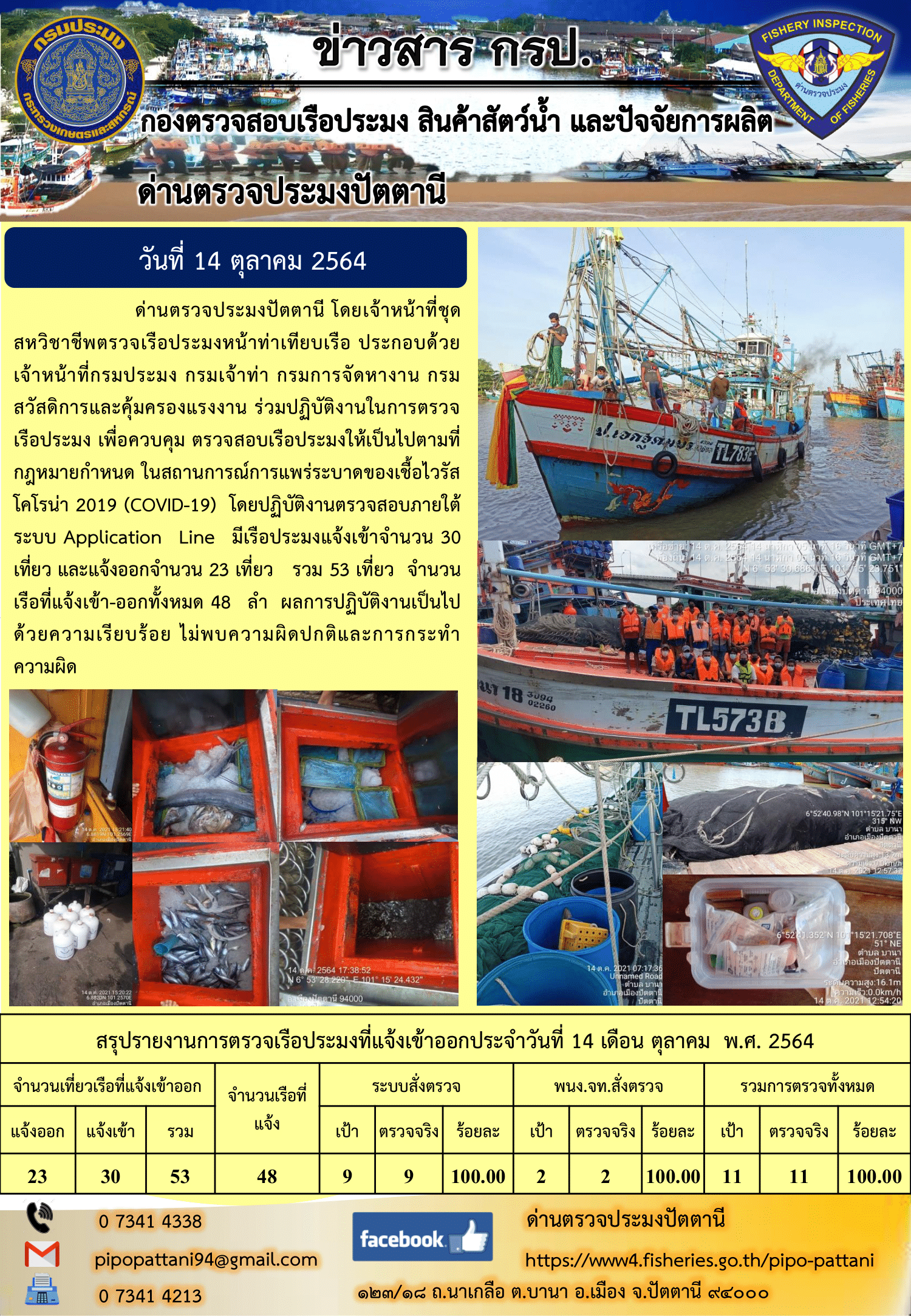 ข่าวสารการปฏิบัติงาน ด่านตรวจประมงปัตตานี 14 ต.ค. 64..คลิก
