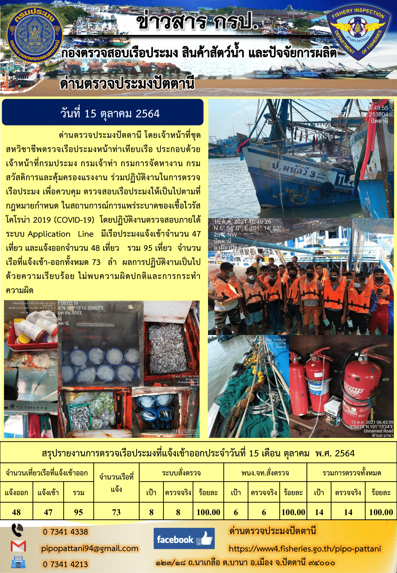 ข่าวสารการปฏิบัติงาน ด่านตรวจประมงปัตตานี 15 ต.ค. 64..คลิก