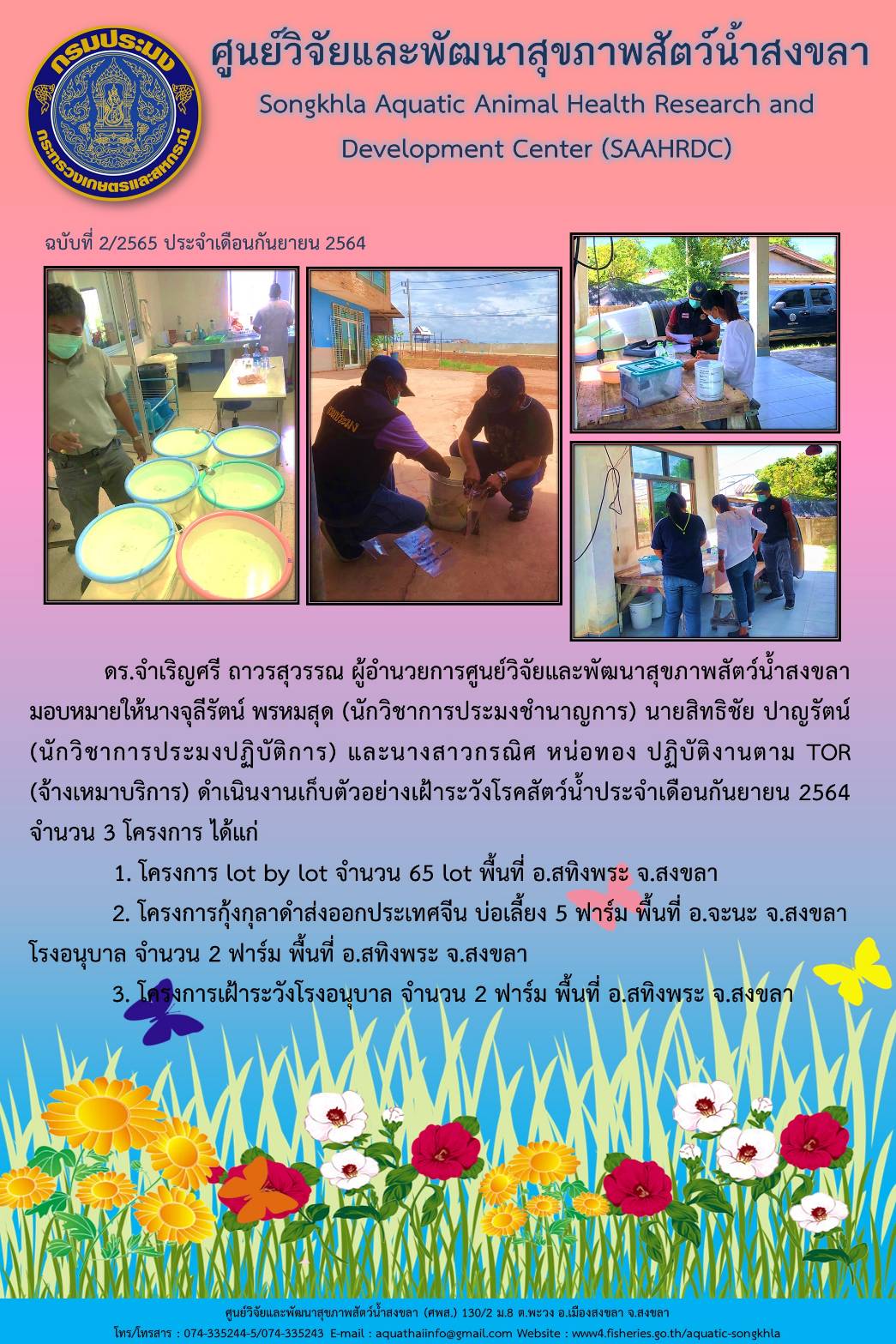 ฉบับที่ 2/2565 ศูนย์วิจัยและพัฒนาสุขภาพสัตว์น้ำสงขลา ดำเนินงานเก็บตัวอย่างเฝ้าระวังโรคสัตว์น้ำประจำเดือนกันยายน 2564..คลิก