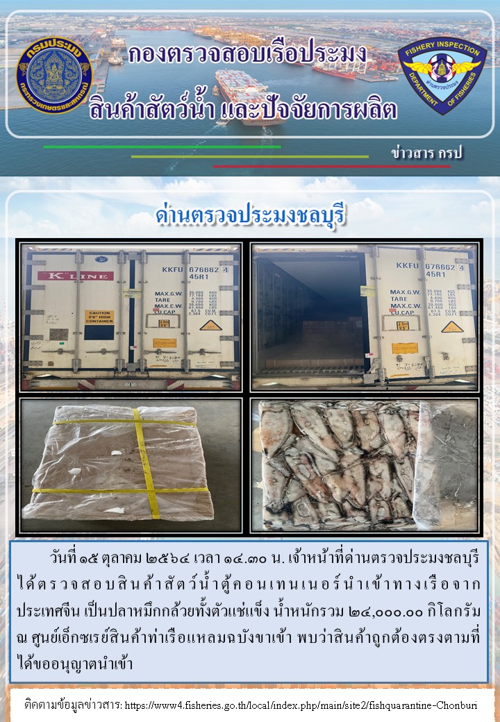 การปฏิบัติงานของเจ้าหน้าที่ด่านตรวจประมงชลบุรีประจำวันที่ 15 ตุลาคม 2564..คลิก