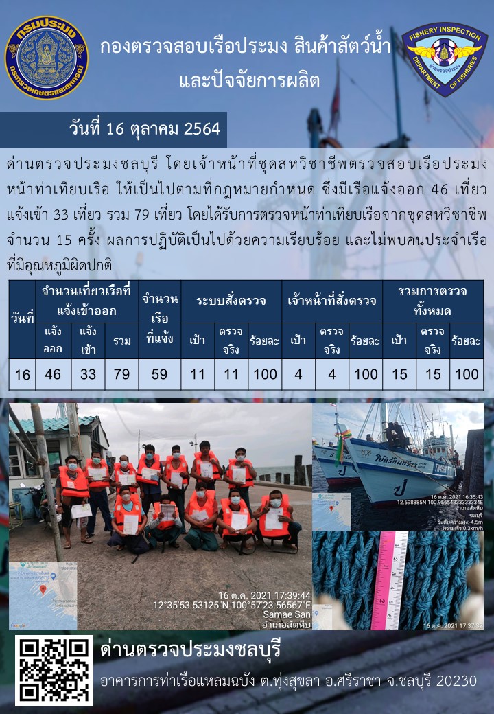 การปฏิบัติงานของเจ้าหน้าที่ด่านตรวจประมงชลบุรีประจำวันที่ 16 ตุลาคม 2564..คลิก