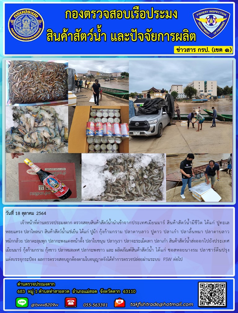 วันที่ 18 ตุลาคม 2564   	เจ้าหน้าที่ด่านตรวจประมงตาก ตรวจสอบสินค้าสัตว์น้ำนำเข้าจากประเทศเมียนมาร์ สินค้าสัตว์น้ำมีชีวิต ได้แก่ ปูทะเลหอยแครง ปลาไหลนา สินค้าสัตว์น้ำแช่เย็น ได้แก่ ปูม้า กุ้งก้ามกราม ปลาดาบลาว ปูดาว ปลาเก๋า ปลาลิ้นหมา ปลาดาบลาว หมึกกล้วย ปลาตะลุมพุก ปลากะพงแดงหน้าตั้ง ปลาใบขนุน ปลากุเรา ปลาจะระเม็ดเทา ปลาเก๋า สินค้าสัตว์น้ำส่งออกไปยังประเทศเมียนมาร์ กุ้งก้ามกราม กุ้งขาว ปลาหมอเทศ ปลากะพงขาว และ ผลิตภัณฑ์สินค้าสัตว์น้ำ ได้แก่ ซอสหอยนางรม ปลาซาร์ดีนปรุงแต่งบรรจุกระป๋อง ผลการตรวจสอบถูกต้องตามใบอนุญาตจึงได้ทำการตรวจปล่อยผ่านระบบ FSW ต่อไป..คลิก
