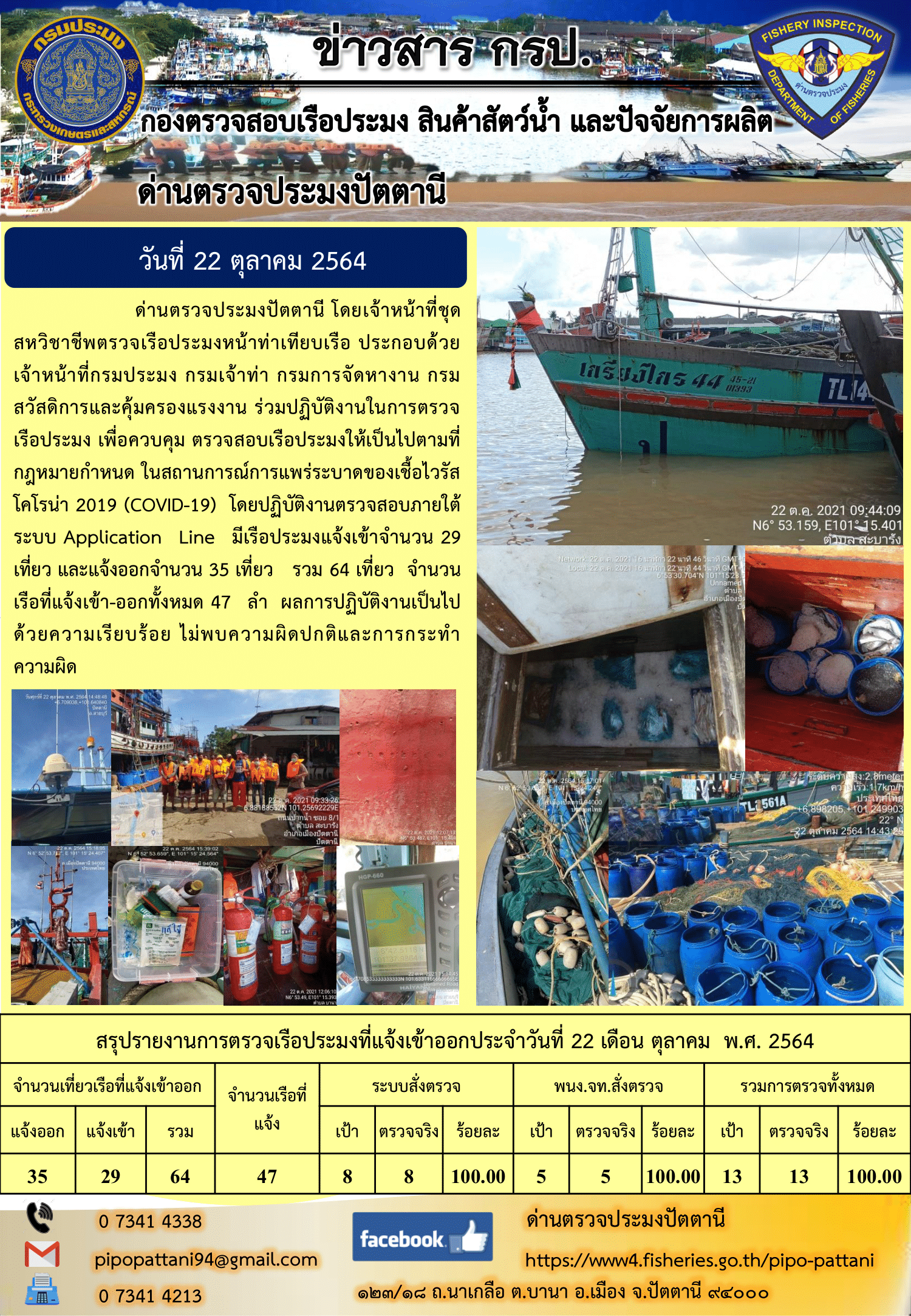 ข่าวสารการปฏิบัติงาน ด่านตรวจประมงปัตตานี 22 ต.ค. 64..คลิก