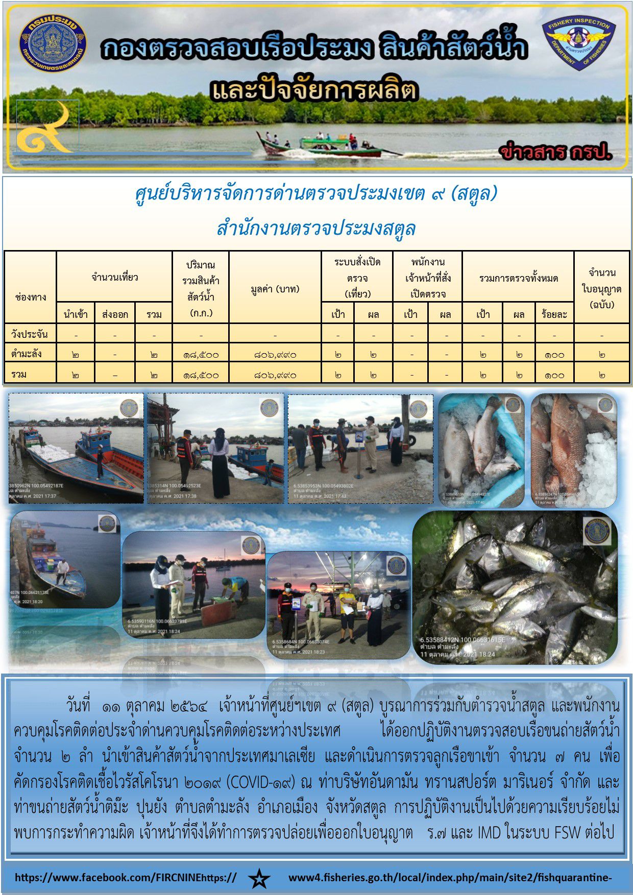 ประชาสัมพันธ์การปฏิบัติงานศูนย์บริหารจัดการด่านตรวจประมงเขต 9 (สตูล) ประจำวันที่ 11-20 ตุลาคม 2564..คลิก