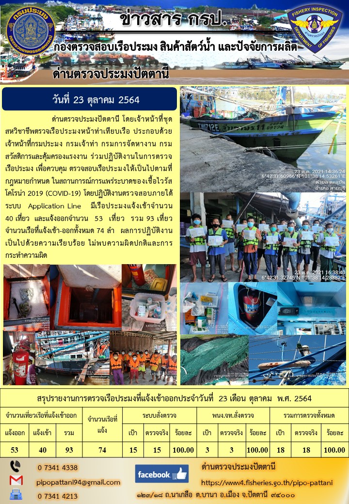 ข่าวสารการปฏิบัติงาน ด่านตรวจประมงปัตตานี 23 ต.ค. 64..คลิก