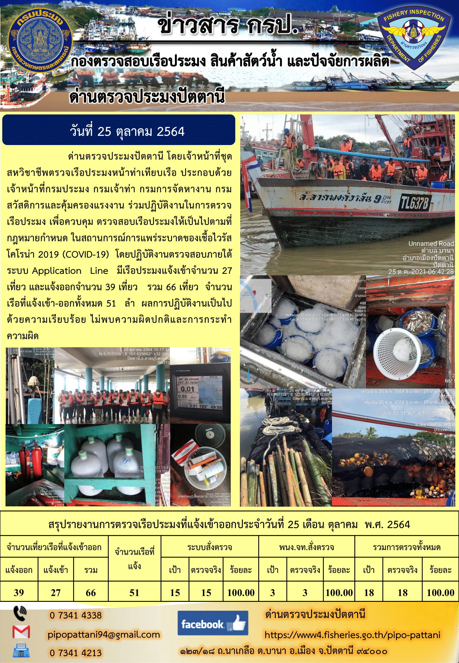 ข่าวสารการปฏิบัติงาน ด่านตรวจประมงปัตตานี 25 ต.ค. 64..คลิก