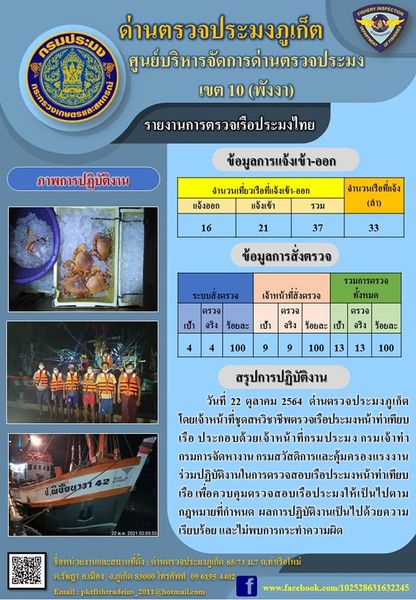 รายงานผลการแจ้งเข้าออกเรือประมงไทยและข้อมูลการสั่งตรวจ ประจำวันที่ 22 ตุลาคม 2564..คลิก