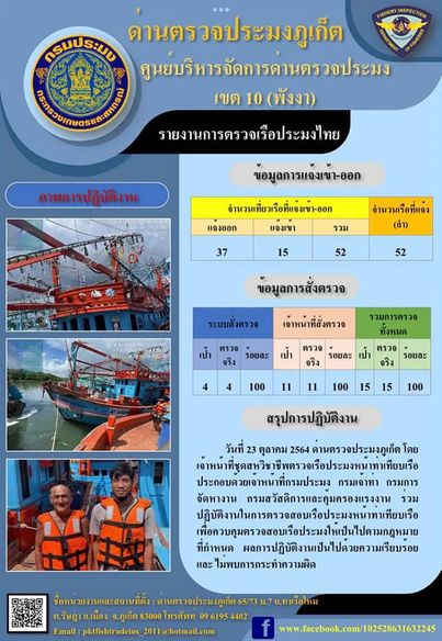 รายงานผลการแจ้งเข้าออกเรือประมงไทยและข้อมูลการสั่งตรวจ ประจำวันที่ 23 ตุลาคม 2564..คลิก