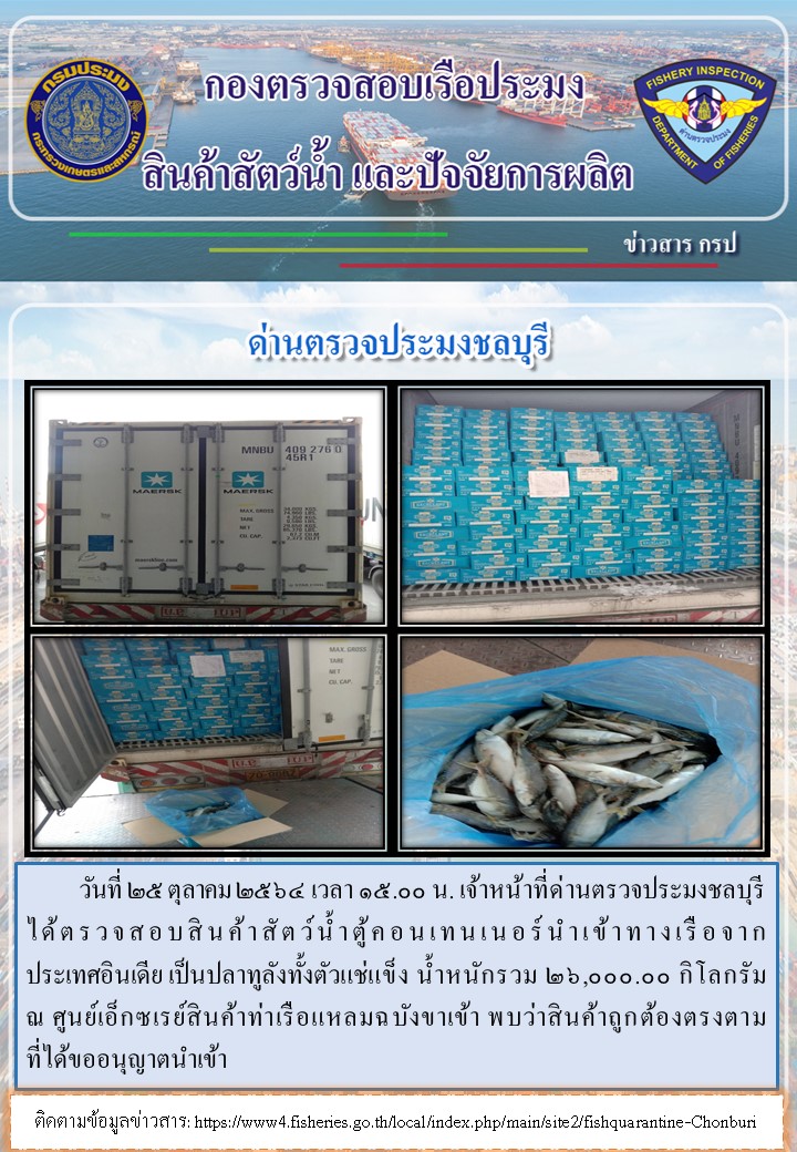 การปฏิบัติงานของเจ้าหน้าที่ด่านตรวจประมงชลบุรีประจำวันที่ 25 ตุลาคม 2564..คลิก