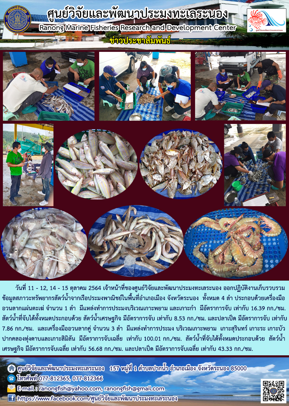 เจ้าหน้าที่ ศพท.ระนอง ออกปฏิบัติงานเก็บรวบรวมข้อมูลสภาวะทรัพยากรสัตว์น้ำจากเรือประมงพาณิชย์ ในพื้นที่อำเภอเมือง จังหวัดระนอง 11-15 ต.ค. 64..คลิก