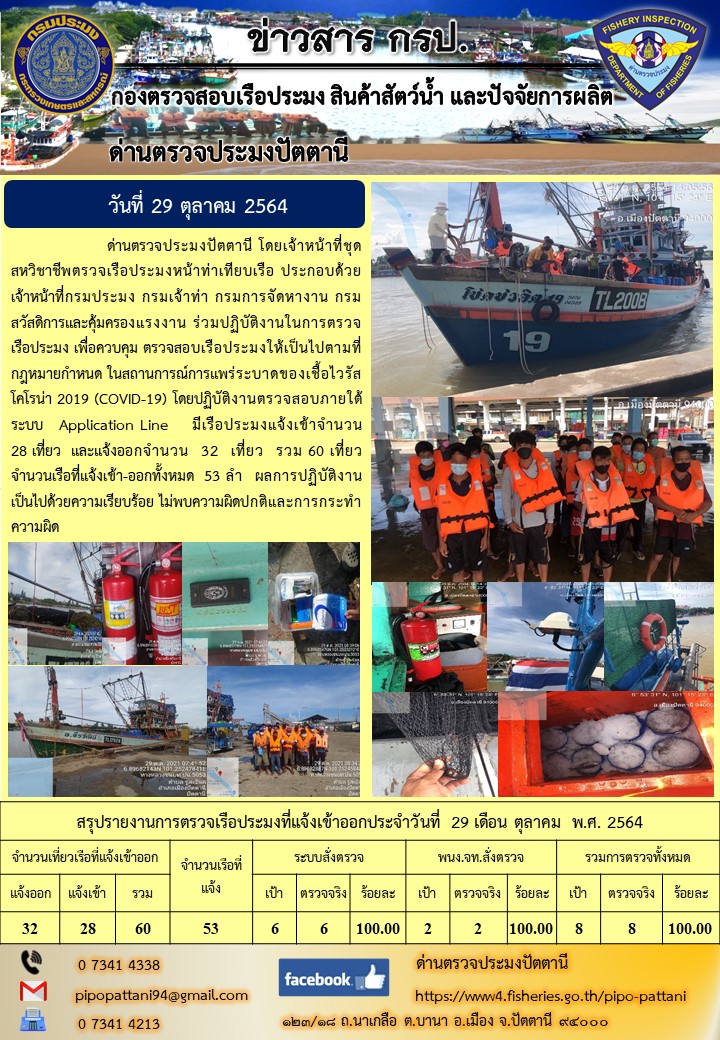 ข่าวสารการปฏิบัติงาน ด่านตรวจประมงปัตตานี 29 ต.ค. 64..คลิก