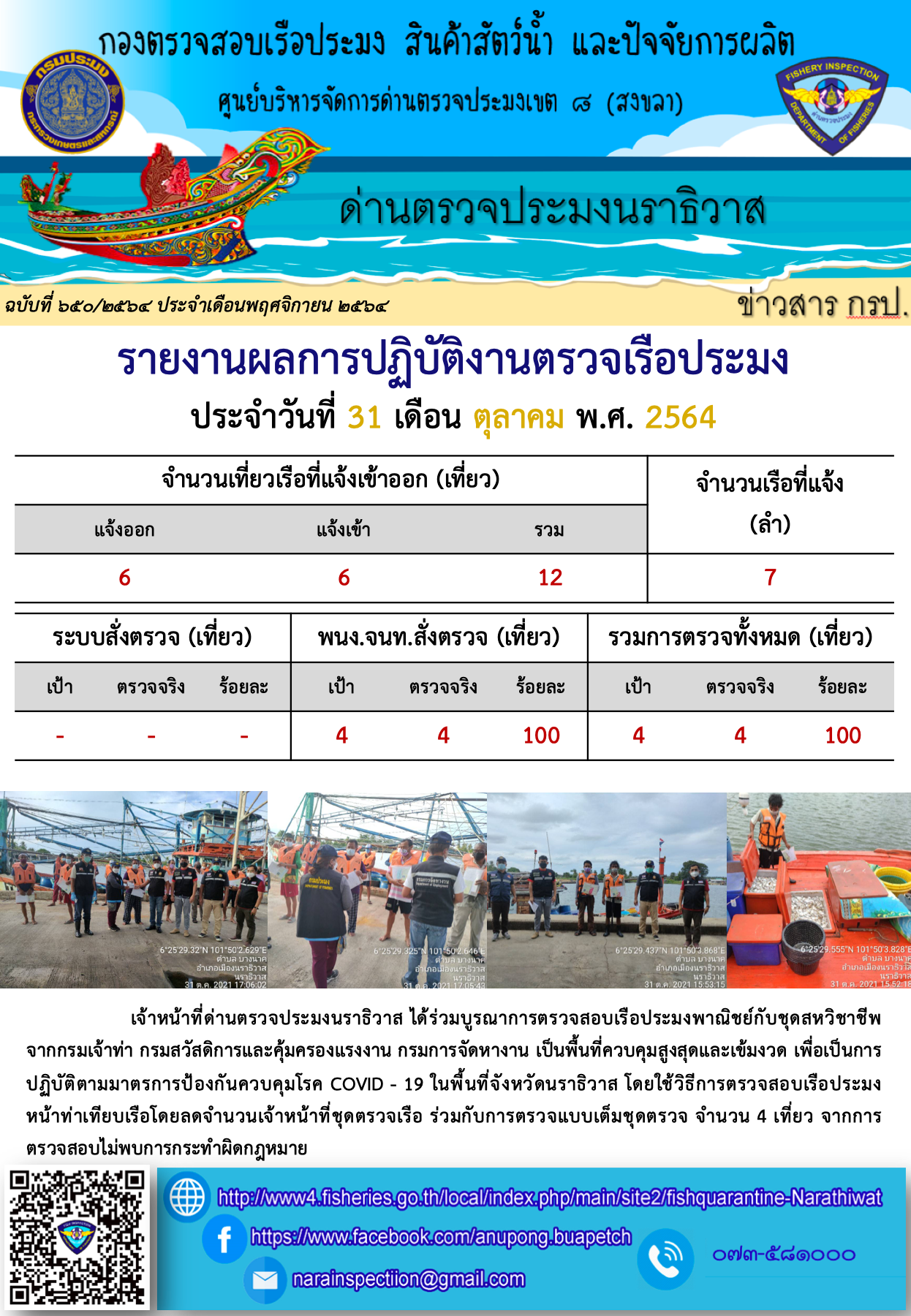 ประชาสัมพันธ์ด่านตรวจประมงนราธิวาส ประจำวันที่ 31 ตุลาคม 2564..คลิก