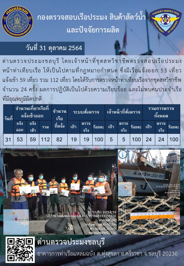 การปฏิบัติงานของเจ้าหน้าที่ด่านตรวจประมงชลบุรีประจำวันที่ 31 ตุลาคม 2564..คลิก
