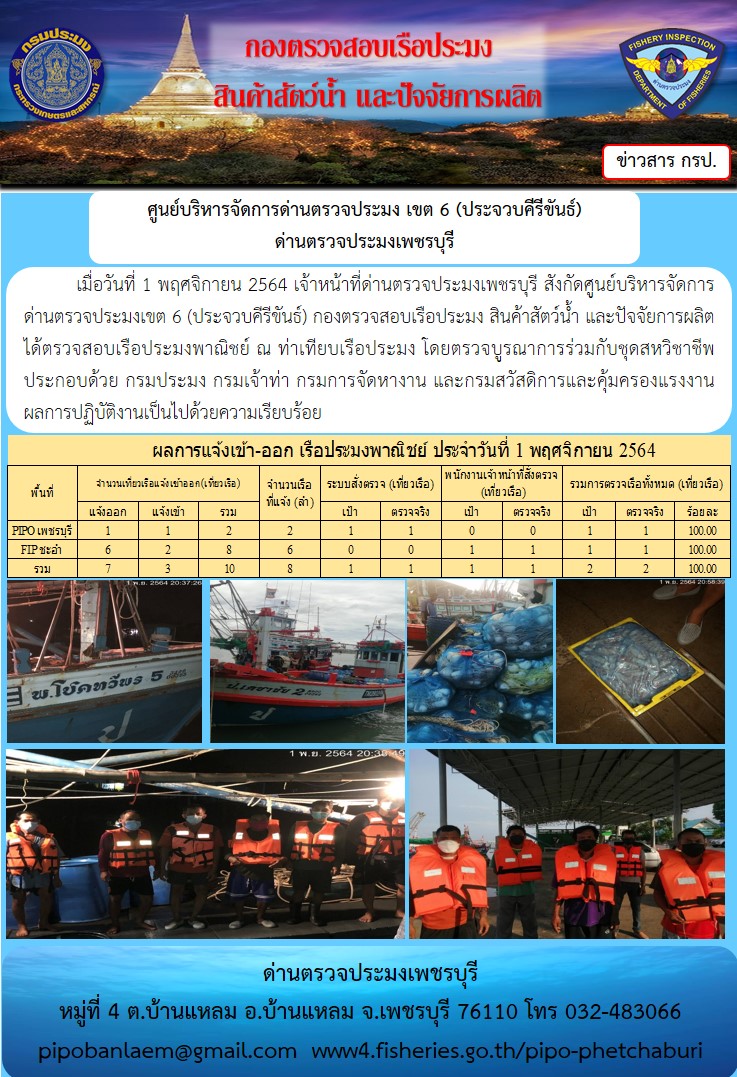 ข่าวประชาสัมพันธ์ ด่านตรวจประมงเพชรบุรี สถิติเรือที่แจ้งเข้า - ออก ประจำวันที่ 1 พ.ย. 2564..คลิก