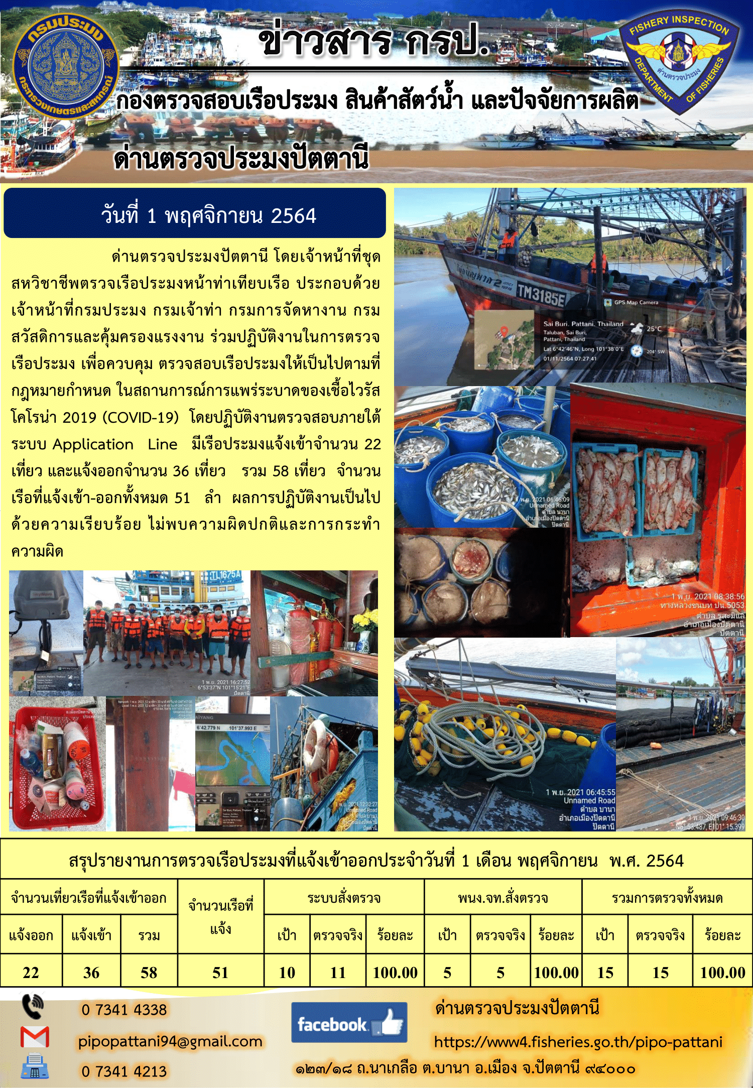 ข่าวสารการปฏิบัติงาน ด่านตรวจประมงปัตตานี 1 พ.ย. 64..คลิก