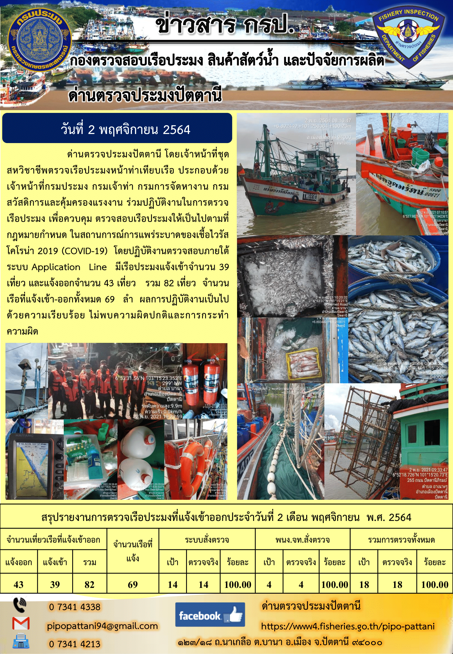 ข่าวสารการปฏิบัติงาน ด่านตรวจประมงปัตตานี 2 พ.ย. 64..คลิก