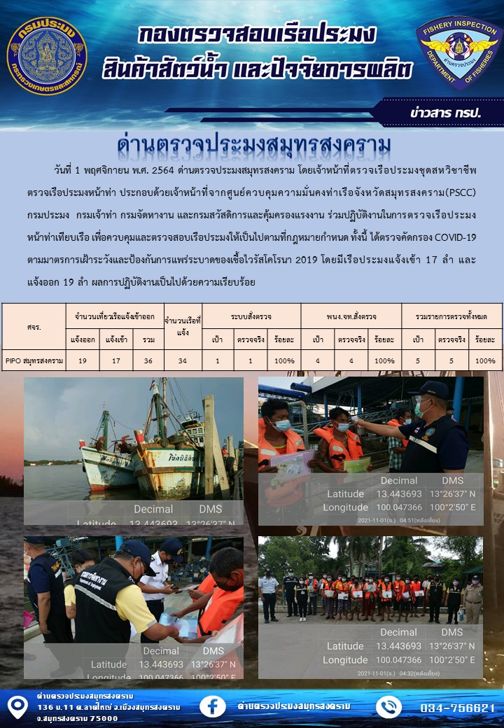 สถิติการแจ้งเข้า - ออกเรือประมงพาณิชย์ ด่านตรวจประมงสมุทรสงคราม ประจำวันที่ 1 พฤศจิกายน 2564..คลิก