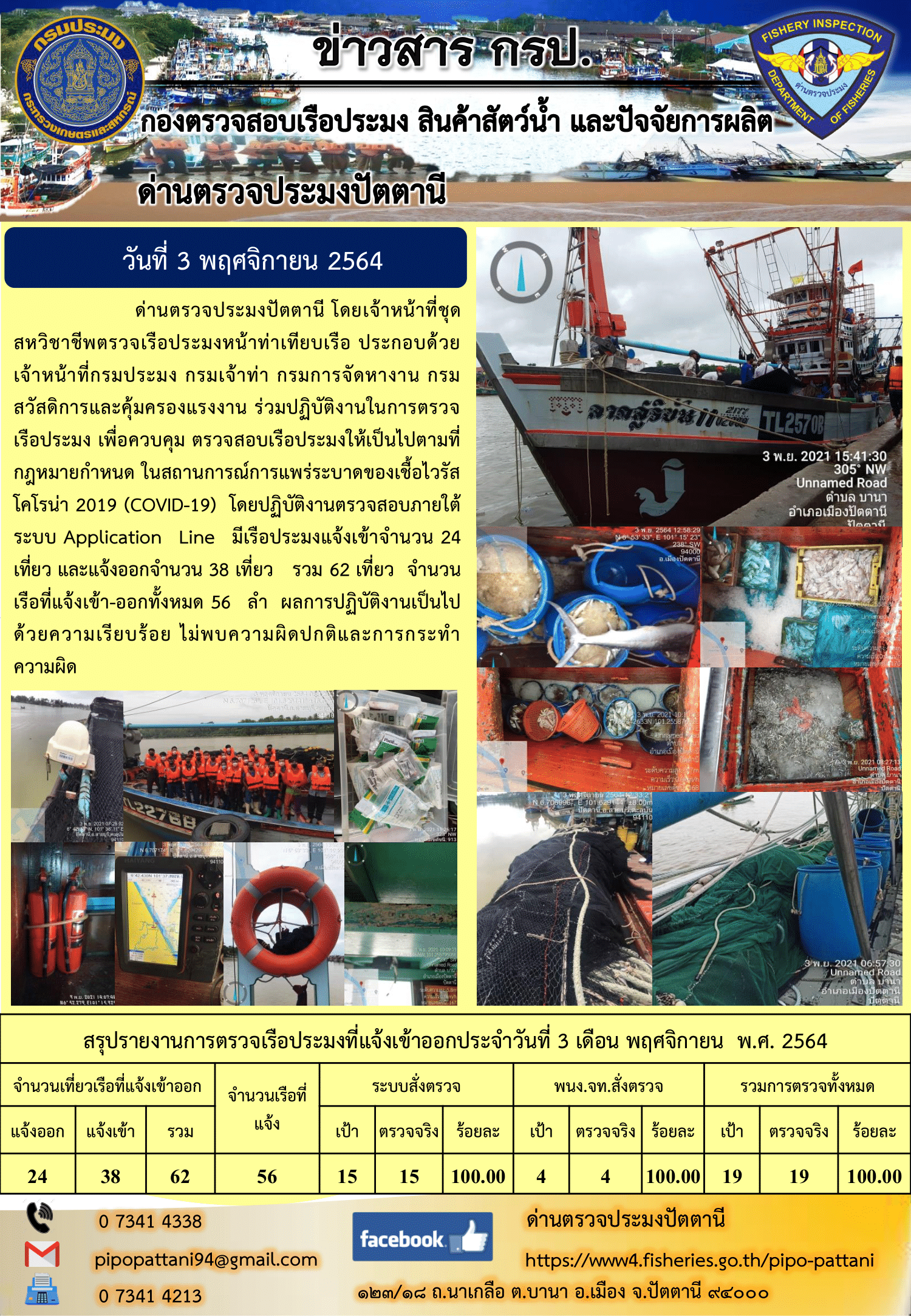 ข่าวสารการปฏิบัติงาน ด่านตรวจประมงปัตตานี 3 พ.ย. 64..คลิก