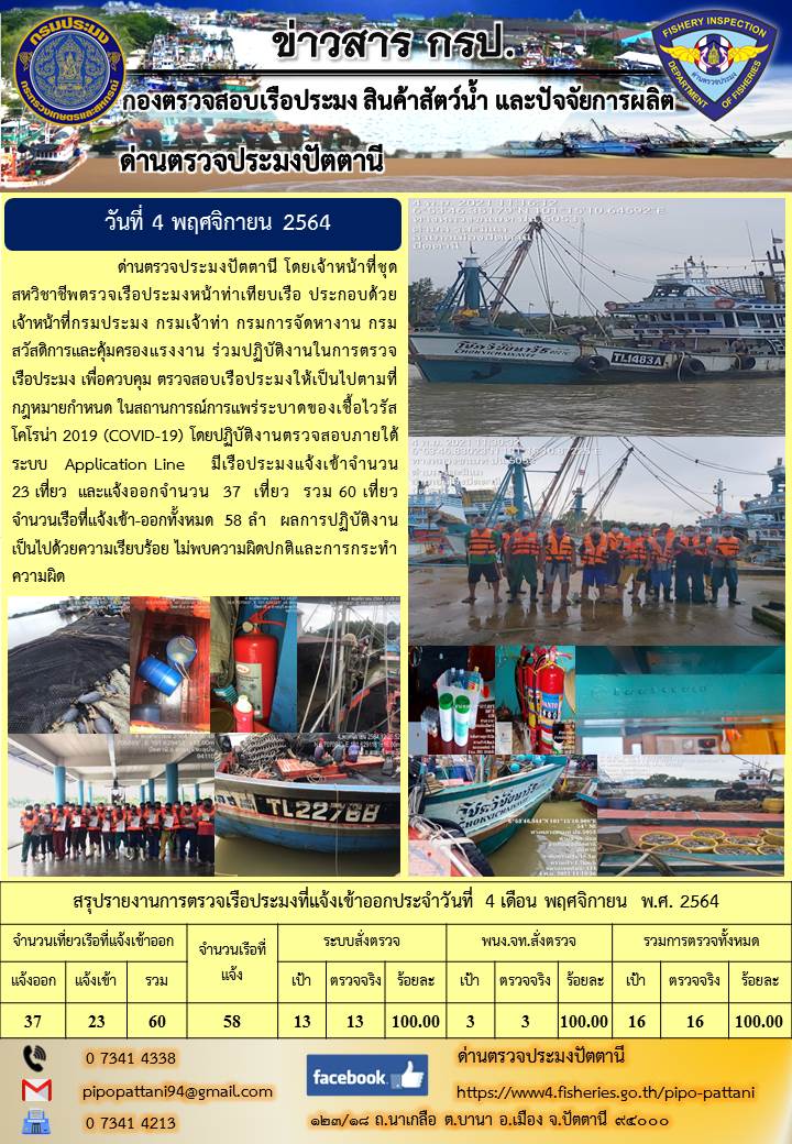ข่าวสารการปฏิบัติงาน ด่านตรวจประมงปัตตานี 4 พ.ย. 64..คลิก