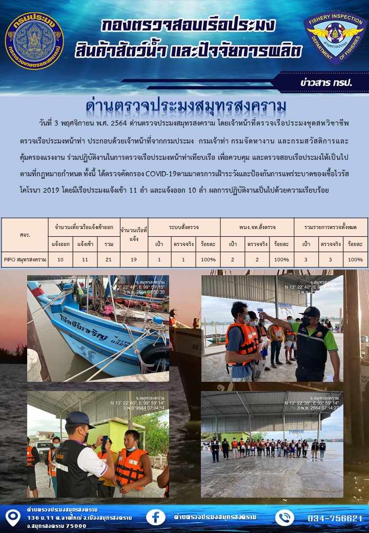สถิติการแจ้งเข้า - ออกเรือประมงพาณิชย์ ด่านตรวจประมงสมุทรสงคราม ประจำวันที่ 3 พฤศจิกายน 2564..คลิก