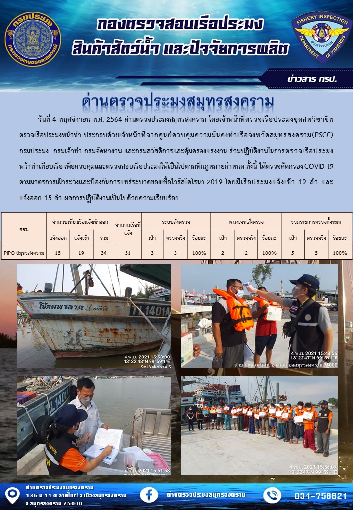 สถิติการแจ้งเข้า - ออกเรือประมงพาณิชย์ ด่านตรวจประมงสมุทรสงคราม ประจำวันที่ 4 พฤศจิกายน 2564..คลิก