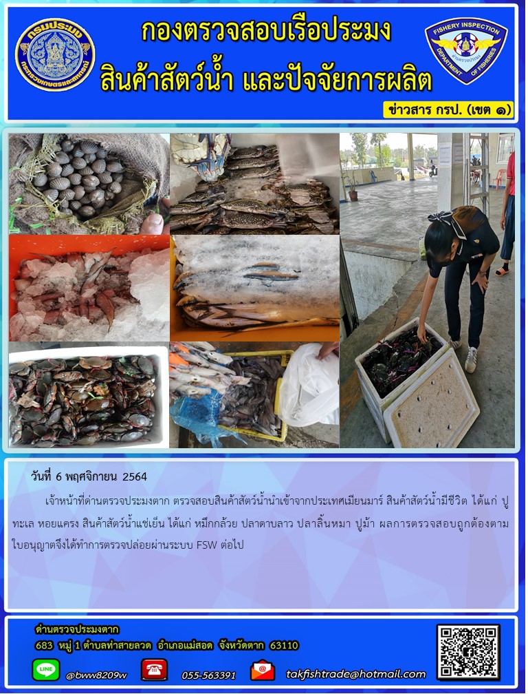 วันที่ 6 พฤศจิกายน 2564   	เจ้าหน้าที่ด่านตรวจประมงตาก ตรวจสอบสินค้าสัตว์น้ำนำเข้าจากประเทศเมียนมาร์ สินค้าสัตว์น้ำมีชีวิต ได้แก่ ปูทะเล หอยแครง สินค้าสัตว์น้ำแช่เย็น ได้แก่ หมึกกล้วย ปลาดาบลาว ปลาลิ้นหมา ปูม้า ผลการตรวจสอบถูกต้องตามใบอนุญาตจึงได้ทำการตรวจปล่อยผ่านระบบ FSW ต่อไป..คลิก