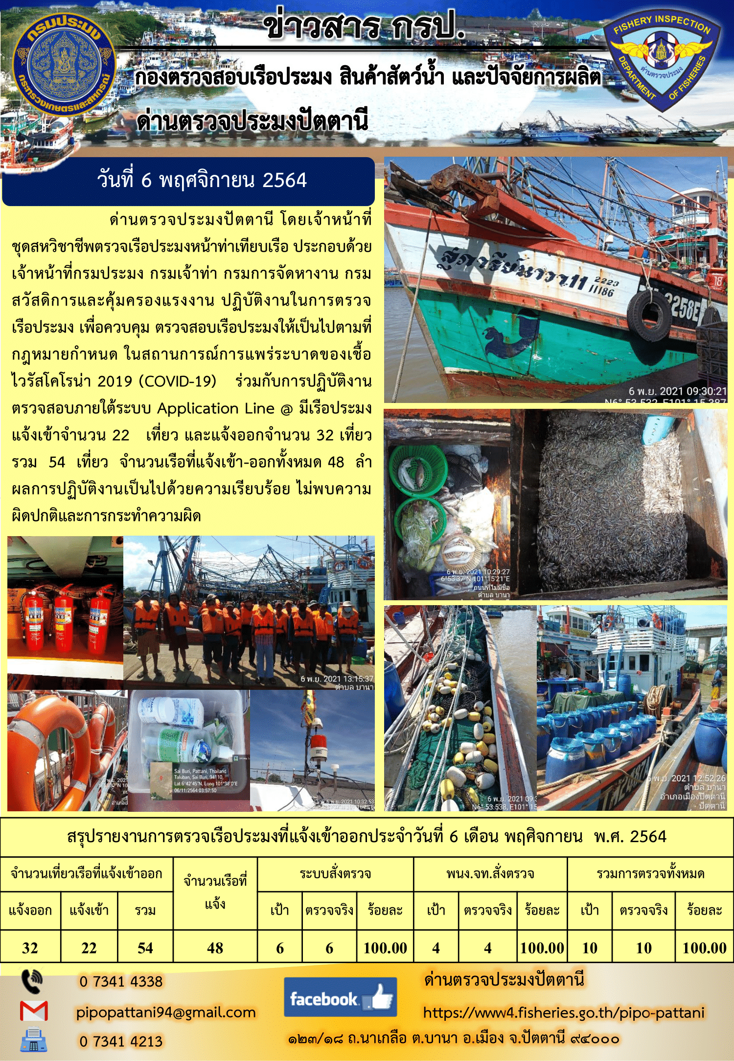 ข่าวสารการปฏิบัติงาน ด่านตรวจประมงปัตตานี 6 พ.ย.64..คลิก