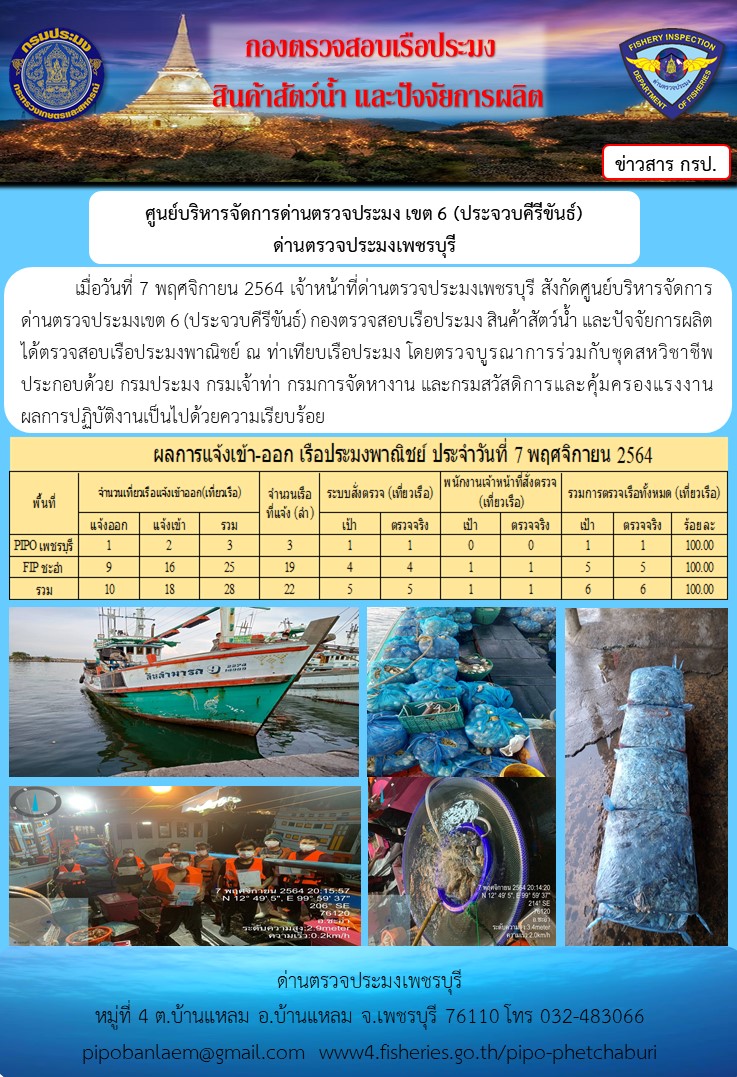 ข่าวประชาสัมพันธ์ ด่านตรวจประมงเพชรบุรี สถิติเรือที่แจ้งเข้า - ออก ประจำวันที่ 7 พ.ย. 2564..คลิก