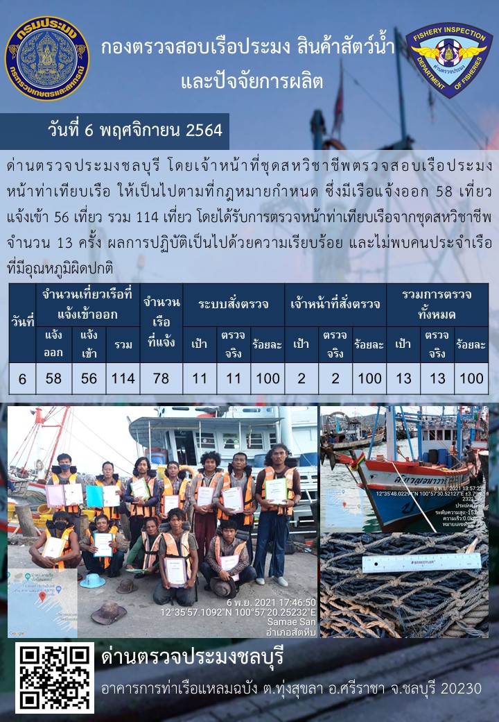 การปฏิบัติงานของเจ้าหน้าที่ด่านตรวจประมงชลบุรีประจำวันที่ 6 พฤศจิกายน 2564..คลิก