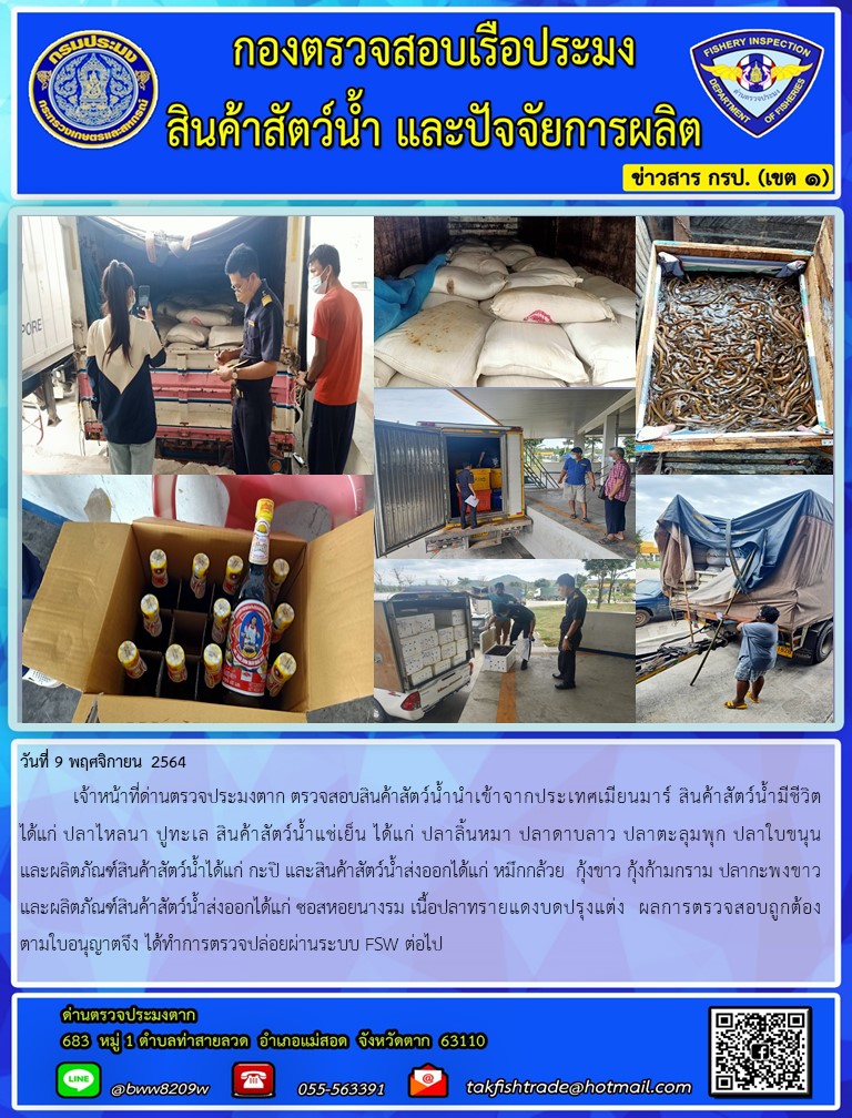 วันที่ 9 พฤศจิกายน 2564   	เจ้าหน้าที่ด่านตรวจประมงตาก ตรวจสอบสินค้าสัตว์น้ำนำเข้าจากประเทศเมียนมาร์ สินค้าสัตว์น้ำมีชีวิต ได้แก่ ปลาไหลนา ปูทะเล สินค้าสัตว์น้ำแช่เย็น ได้แก่ ปลาลิ้นหมา ปลาดาบลาว ปลาตะลุมพุก ปลาใบขนุนและผลิตภัณฑ์สินค้าสัตว์น้ำได้แก่ กะปิ และสินค้าสัตว์น้ำส่งออกได้แก่ หมึกกล้วย  กุ้งขาว กุ้งก้ามกราม ปลากะพงขาว และผลิตภัณฑ์สินค้าสัตว์น้ำส่งออกได้แก่ ซอสหอยนางรม เนื้อปลาทรายแดงบดปรุงแต่ง  ผลการตรวจสอบถูกต้องตามใบอนุญาตจึง ได้ทำการตรวจปล่อยผ่านระบบ FSW ต่อไป..คลิก