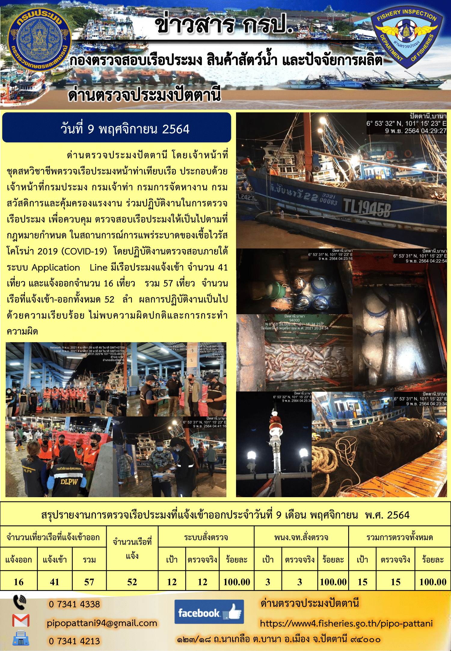ข่าวสารการปฏิบัติงาน ด่านตรวจประมงปัตตานี 9 พ.ย. 64..คลิก