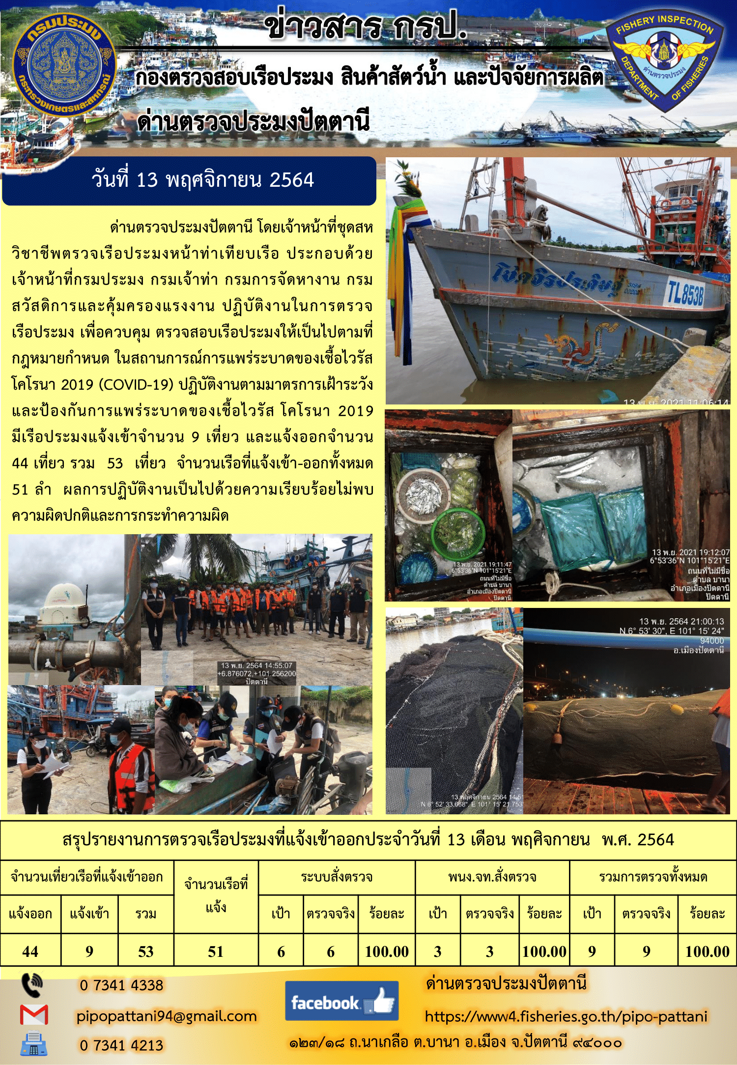 ข่าวสารการปฏิบัติงาน ด่านตรวจประมงปัตตานี 13 พ.ย. 64..คลิก