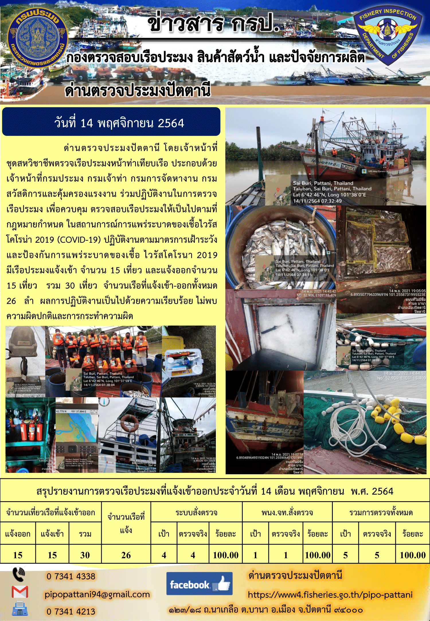 ข่าวสารการปฏิบัติงาน ด่านตรวจประมงปัตตานี 14 พ.ย. 64..คลิก