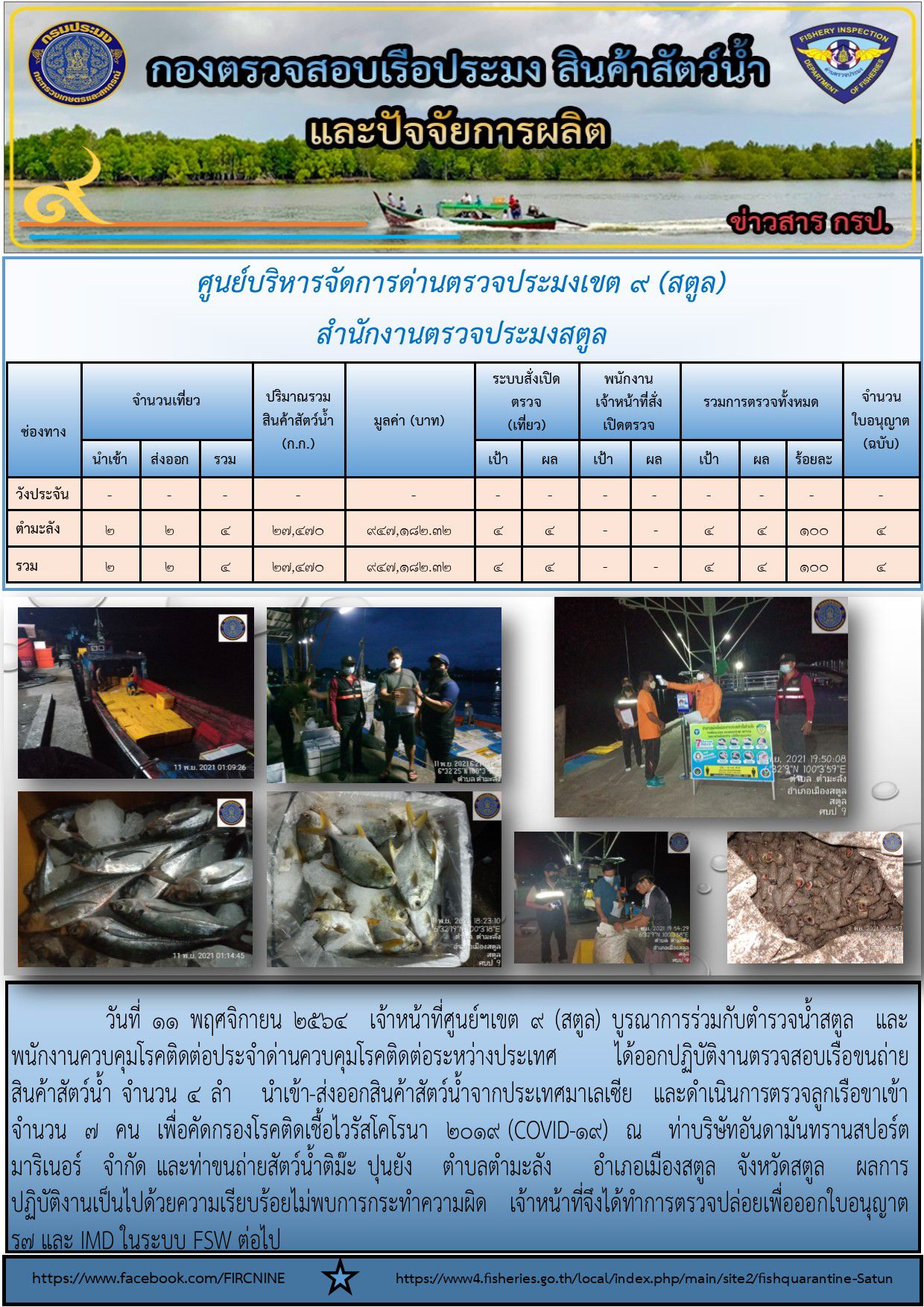 ประชาสัมพันธ์การปฏิบัติงานศูนย์บริหารจัดการด่านตรวจประมงเขต 9 (สตูล) ประจำวันที่ 11-15 พฤศจิกายน 2564..คลิก