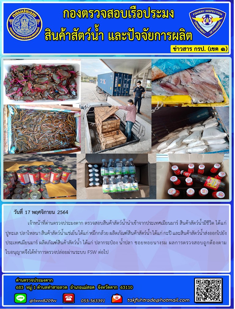 วันที่ 17 พฤศจิกายน 2564   	     เจ้าหน้าที่ด่านตรวจประมงตาก ตรวจสอบสินค้าสัตว์น้ำนำเข้าจากประเทศเมียนมาร์ สินค้าสัตว์น้ำมีชีวิต ได้แก่ ปูทะเล ปลาไหลนา สินค้าสัตว์น้ำแช่เย็น ได้แก่ หมึกกล้วย ผลิตภัณฑ์สินค้าสัตว์น้ำ ได้แก่ กะปิ และสินค้าสัตว์น้ำส่งออกไปยังประเทศเมียนมาร์ ผลิตภัณฑ์สินค้าสัตว์น้ำ ได้แก่ ปลากระป๋อง น้ำปลา ซอยหอยนางรม ผลการตรวจสอบถูกต้องตามใบอนุญาตจึงได้ทำการตรวจปล่อยผ่านระบบ FSW ต่อไป..คลิก