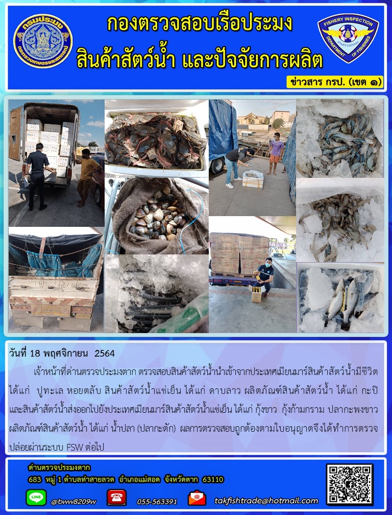 วันที่ 18 พฤศจิกายน  2564  	เจ้าหน้าที่ด่านตรวจประมงตาก ตรวจสอบสินค้าสัตว์น้ำนำเข้าจากประเทศเมียนมาร์สินค้าสัตว์น้ำมีชีวิต ได้แก่  ปูทะเล หอยตลับ สินค้าสัตว์น้ำแช่เย็น ได้แก่ ดาบลาว ผลิตภัณฑ์สินค้าสัตว์น้ำ ได้แก่ กะปิ               และสินค้าสัตว์น้ำส่งออกไปยังประเทศเมียนมาร์สินค้าสัตว์น้ำแช่เย็น ได้แก่ กุ้งขาว  กุ้งก้ามกราม ปลากะพงขาว ผลิตภัณฑ์สินค้าสัตว์น้ำ ได้แก่ น้ำปลา (ปลากะตัก)  ผลการตรวจสอบถูกต้องตามใบอนุญาตจึงได้ทำการตรวจปล่อยผ่านระบบ FSW ต่อไป