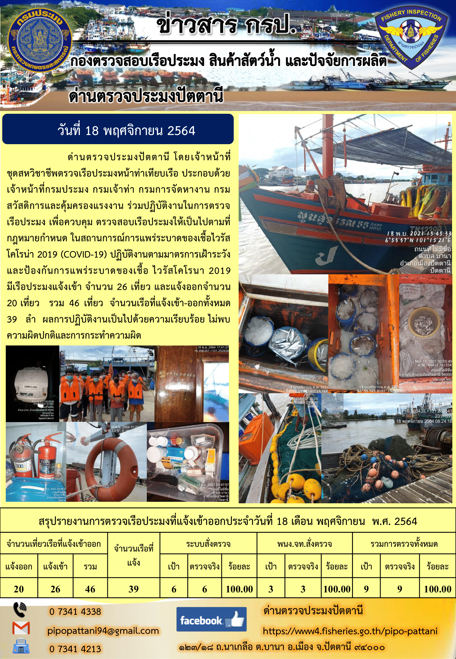 ข่าวสารการปฏิบัติงาน ด่านตรวจประมงปัตตานี 18 พ.ย. 64..คลิก