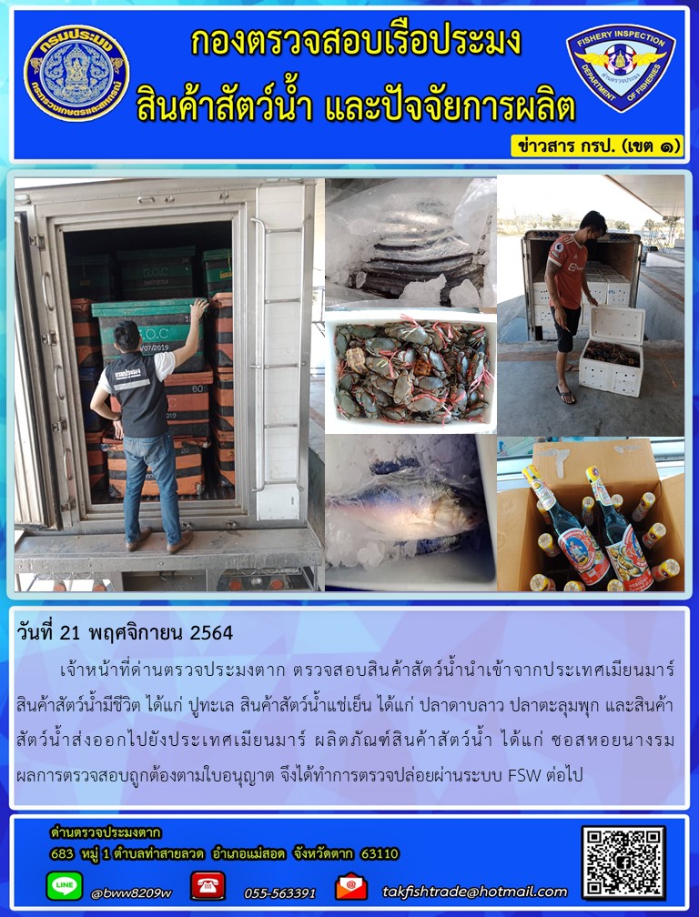 วันที่ 21 พฤศจิกายน 2564    เจ้าหน้าที่ด่านตรวจประมงตาก ตรวจสอบสินค้าสัตว์น้ำนำเข้าจากประเทศเมียนมาร์ สินค้าสัตว์น้ำมีชีวิต ได้แก่ ปูทะเล สินค้าสัตว์น้ำแช่เย็น ได้แก่  ปลาดาบลาว ปลาตะลุมพุก และสินค้าสัตว์น้ำส่งออกไปยังประเทศเมียนมาร์ ผลิตภัณฑ์สินค้าสัตว์น้ำ ได้แก่ ซอสหอยนางรม ผลการตรวจสอบถูกต้องตามใบอนุญาต จึงได้ทำการตรวจปล่อยผ่านระบบ FSW ต่อไป..คลิก