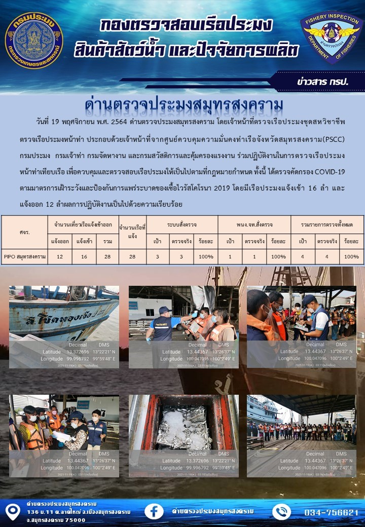 สถิติการแจ้งเข้า - ออกเรือประมงพาณิชย์ ด่านตรวจประมงสมุทรสงคราม ประจำวันที่ 19 พฤศจิกายน 2564..คลิก