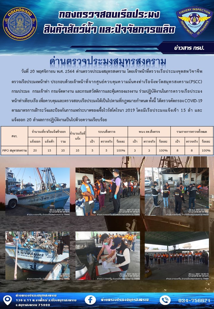 สถิติการแจ้งเข้า - ออกเรือประมงพาณิชย์ ด่านตรวจประมงสมุทรสงคราม ประจำวันที่ 20 พฤศจิกายน 2564..คลิก